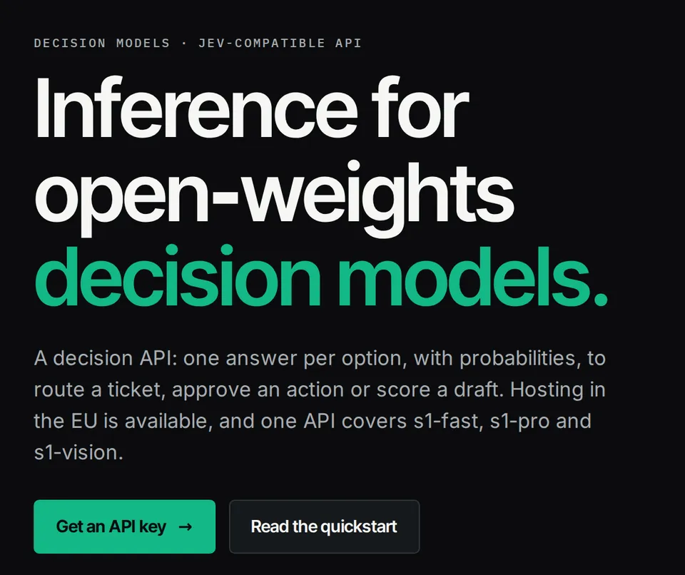 The decisionmodels.io home page: headline “Inference for open-weights decision models.” next to a request and response sample.