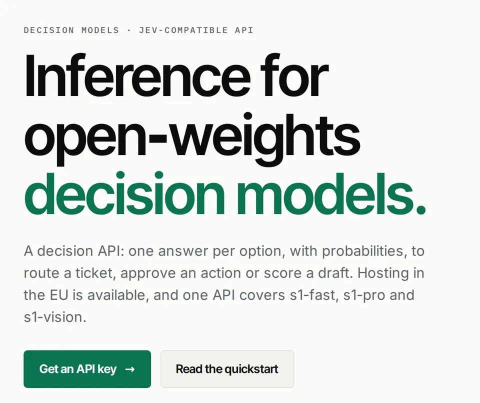 The decisionmodels.io home page: headline “Inference for open-weights decision models.” next to a request and response sample.
