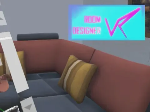 Room Designer VR logo above a virtual living room with a sofa, a furniture selection menu and a VR controller menu