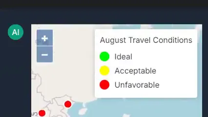 Frame from the Generative UI Chat video: the AI answers with a map titled “August Travel Conditions” (ideal, acceptable, unfavorable).